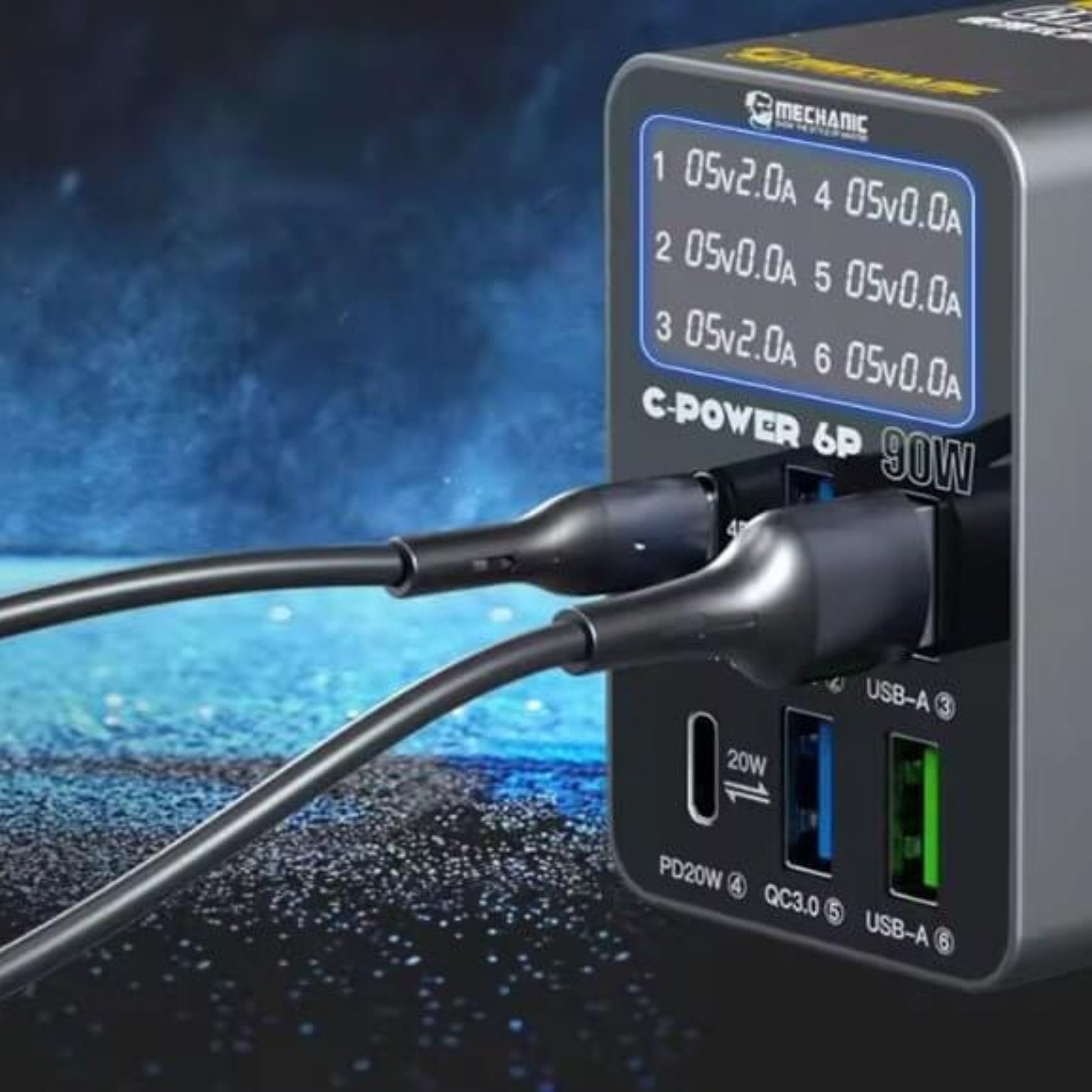 6-Port 90W Digital Display Multi-Port USB-C/A Fast Charger with charging cables connected.