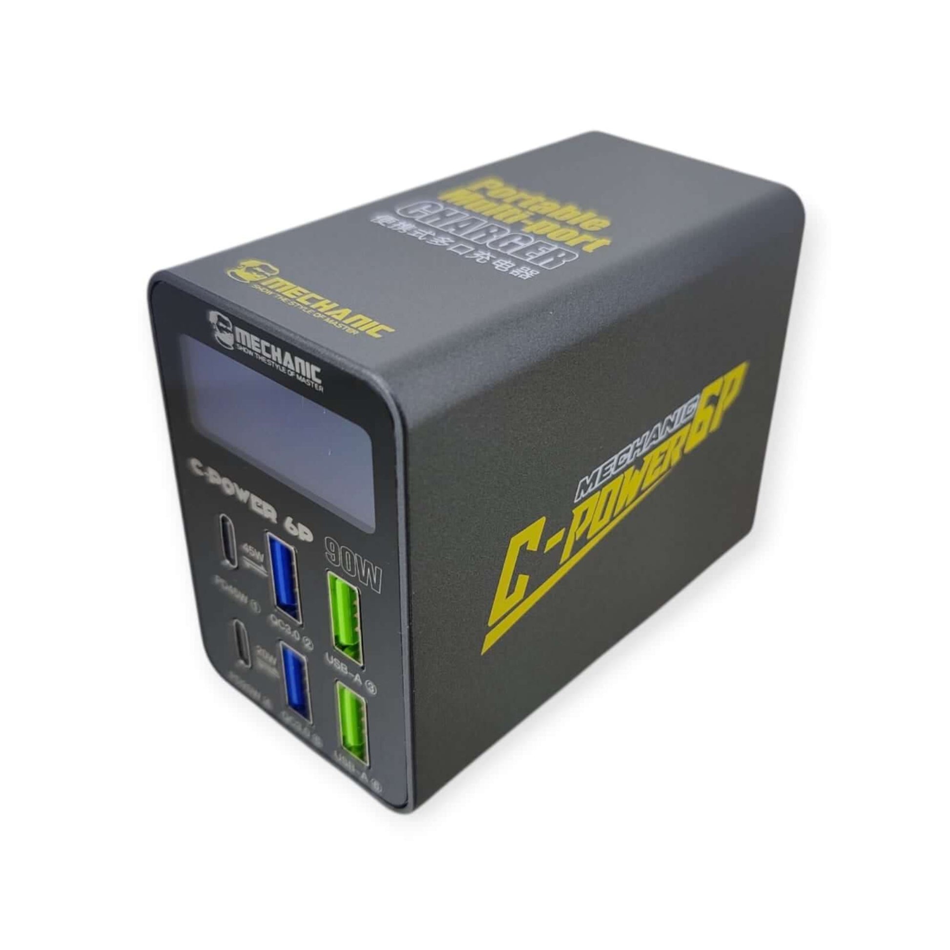 6-Port 90W Digital Display Multi-Port USB-C/A Fast Charger showcasing its sleek design and charging ports.