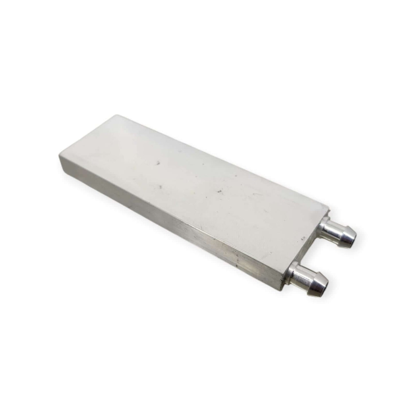 Aluminum water cooling block for CPU, GPU, and industrial applications with dual inlet/outlet fittings.