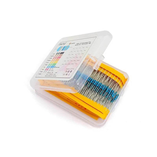 600pcs metal film resistor kit in organizer case, featuring 30 values from 10Ω to 1MΩ, ideal for electronics projects.