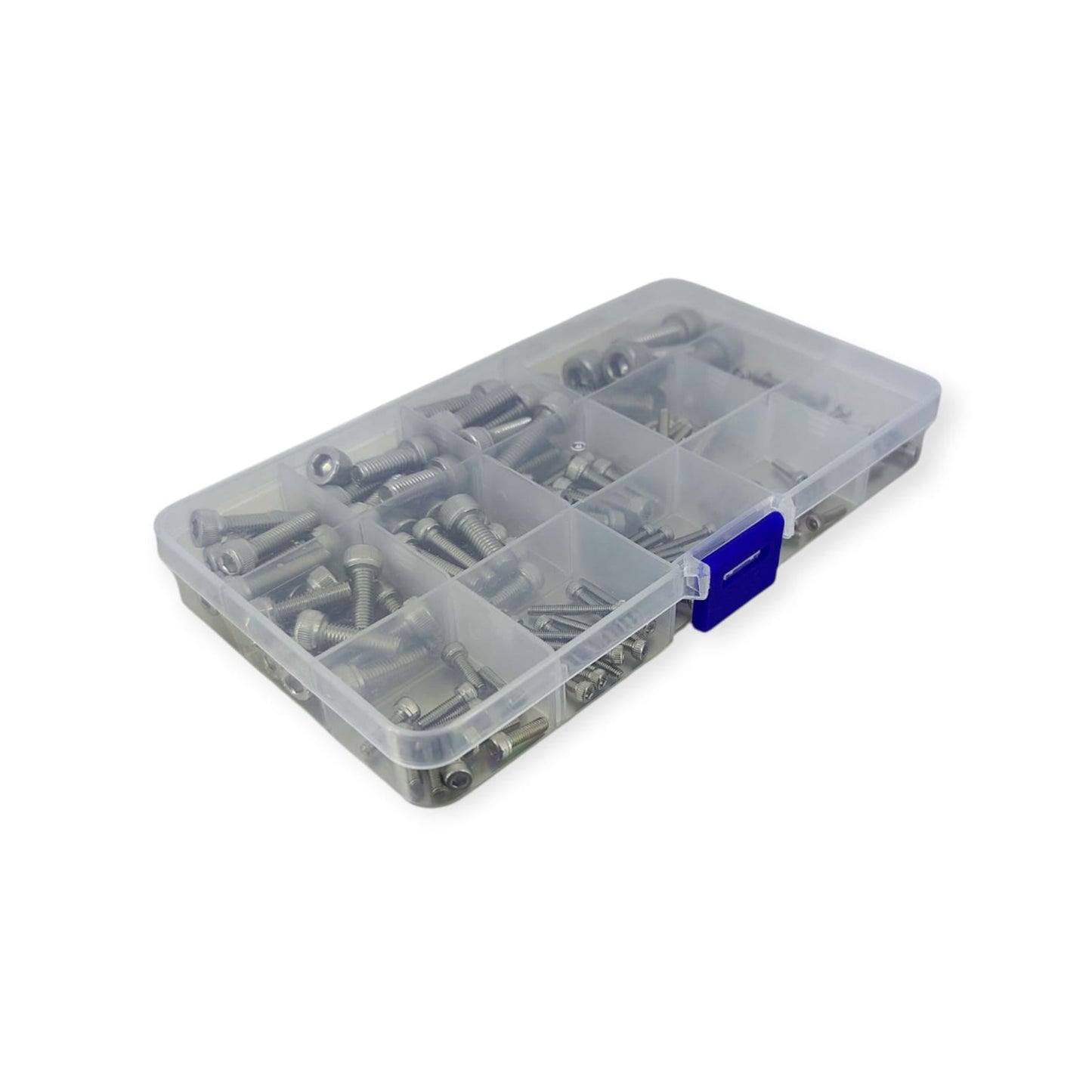 An angled view of the 304 stainless steel Allen head screw kit, showing the various screw sizes organized in the case.
