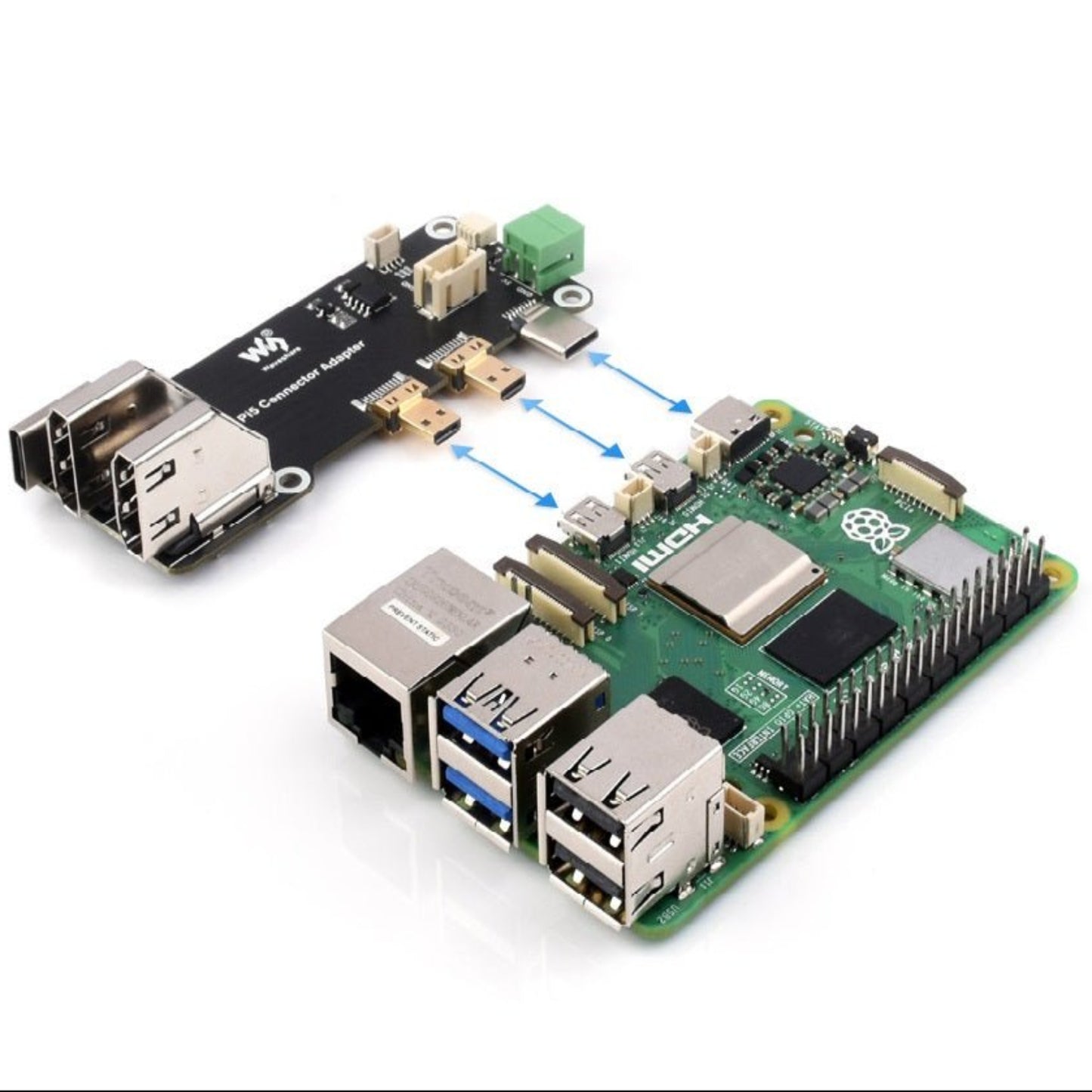 Micro HDMI to HDMI adapter board connected to Raspberry Pi 5 and 4B, showcasing dual 4K output capability.