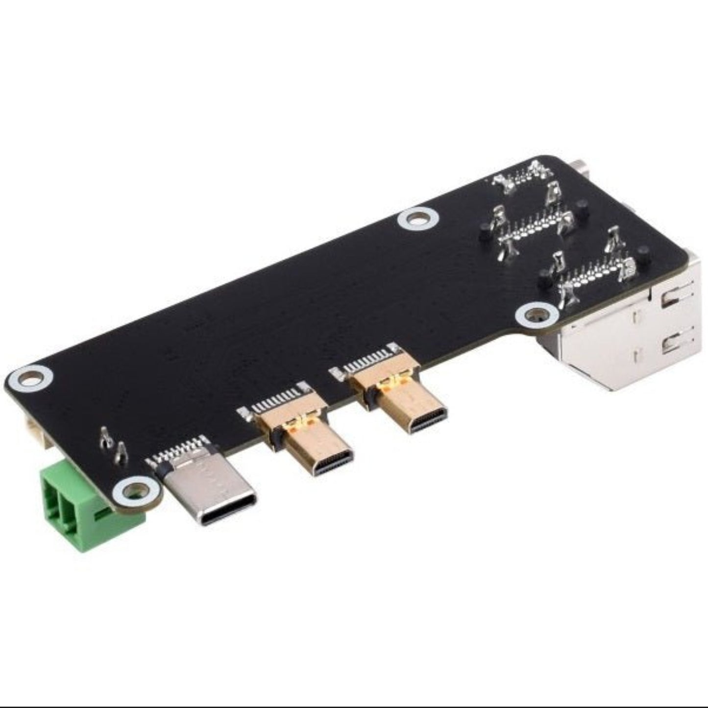 Micro HDMI to HDMI adapter board for Raspberry Pi 5 and 4B, featuring dual 4K outputs and multiple power supply methods.
