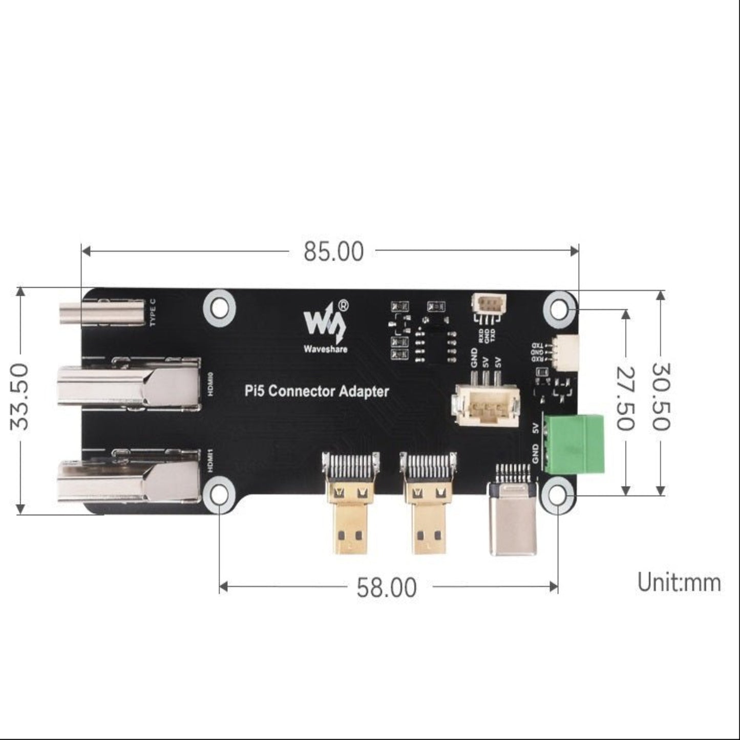 Micro HDMI to HDMI adapter board for Raspberry Pi 5/4B with dual outputs and power supply options.