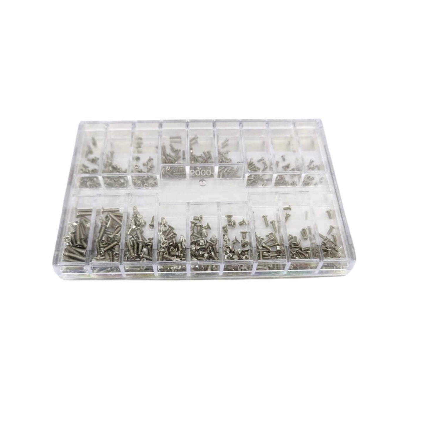 500pcs micro mechanical screw set displayed in a clear organizer box, featuring 18 specifications for precision repairs.