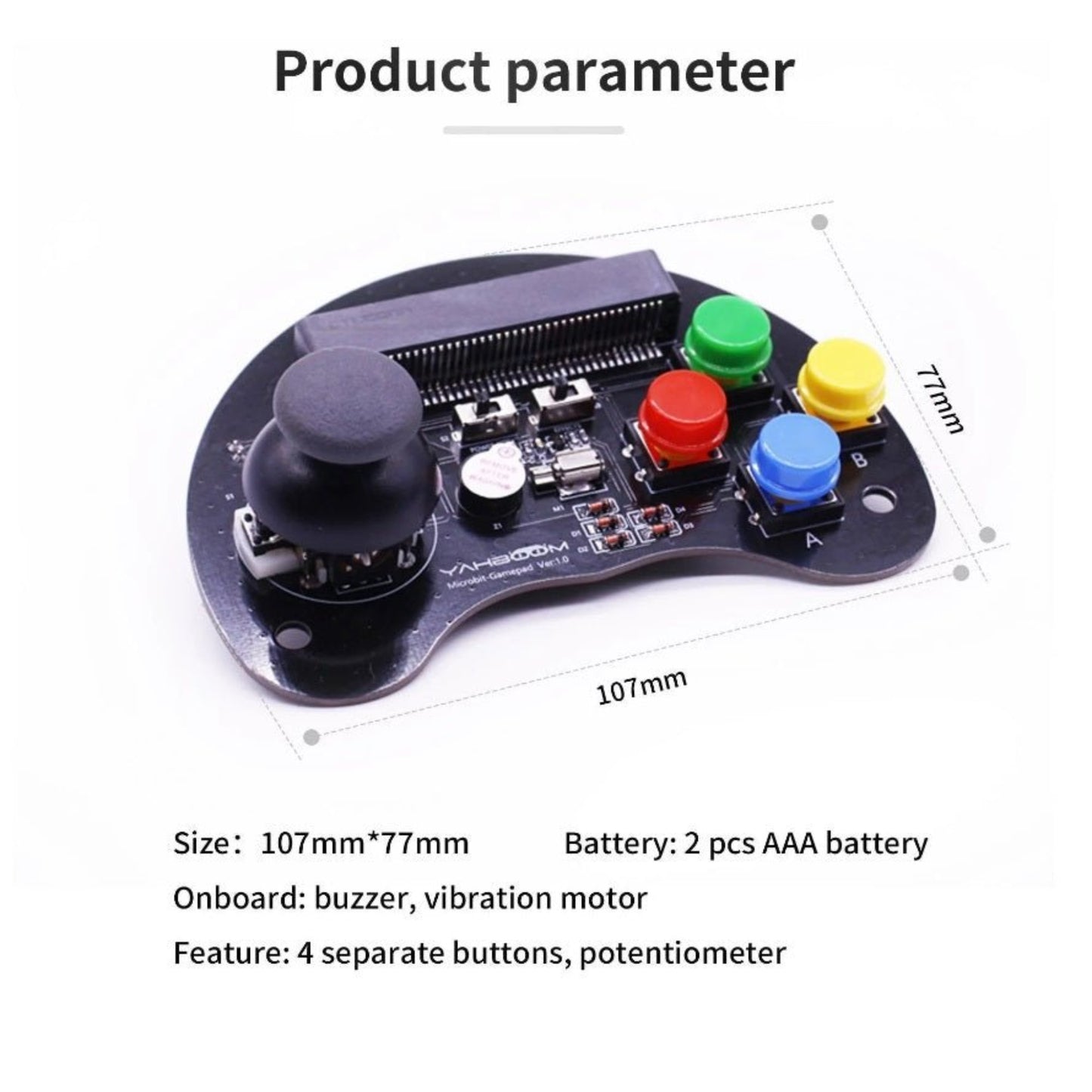 Yahboom Micro:bit Gamepad controller features, dimensions, and buttons for robotics projects.