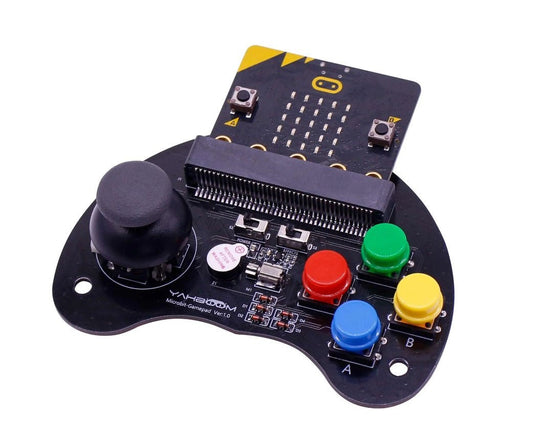 Yahboom Micro:bit Gamepad Controller featuring joystick and colorful buttons for Robotics and STEM education.