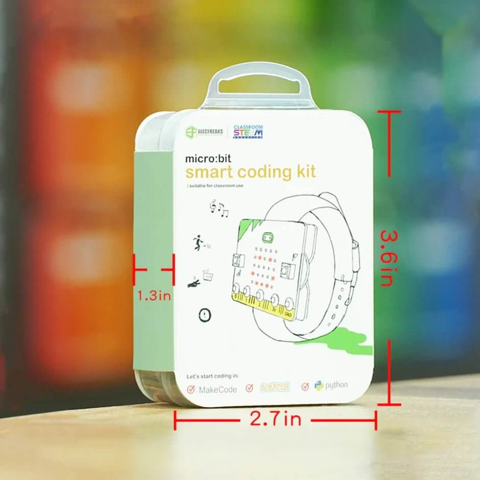 Micro:bit Smart Coding Wearable Watch Kit packaging, showcasing dimensions and features for kids' programming activities.