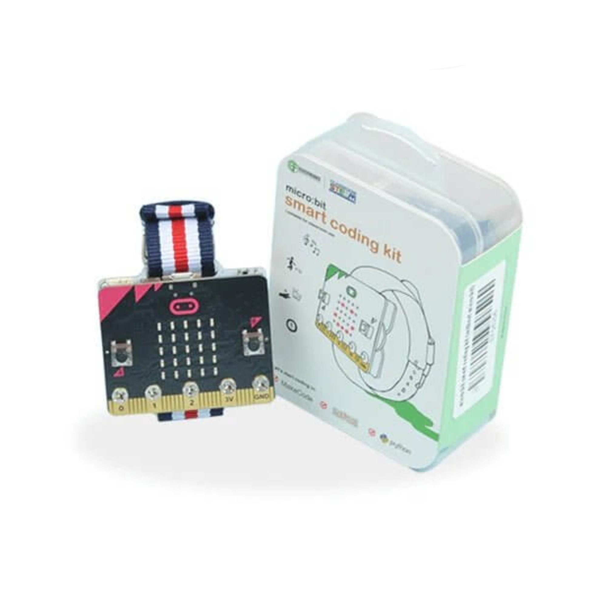 Micro:bit smart coding wearable watch kit with V1 & V2 compatibility, showcasing a colorful design and packaging.