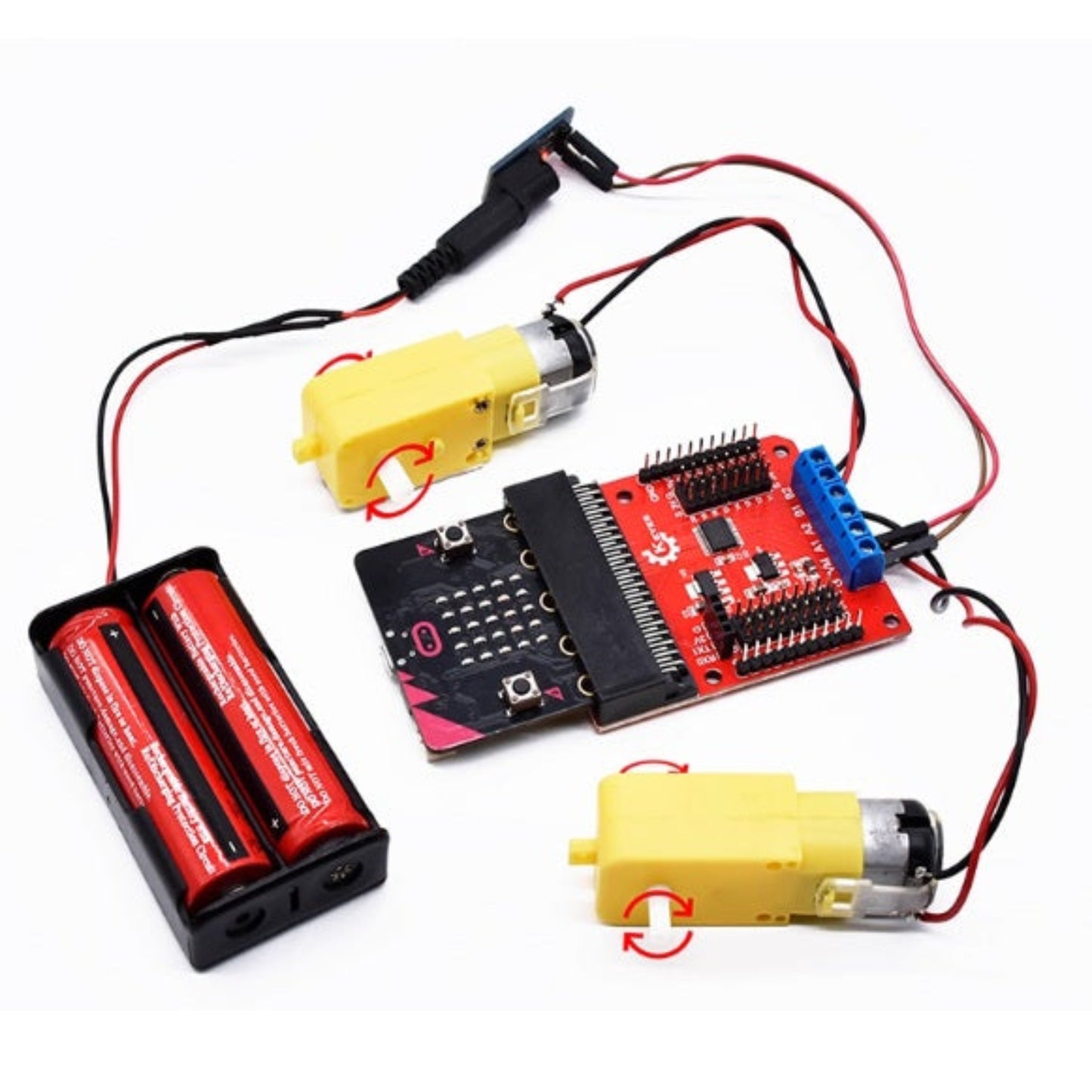 Wiring example connecting Micro:bit shield to two DC motors and battery pack.