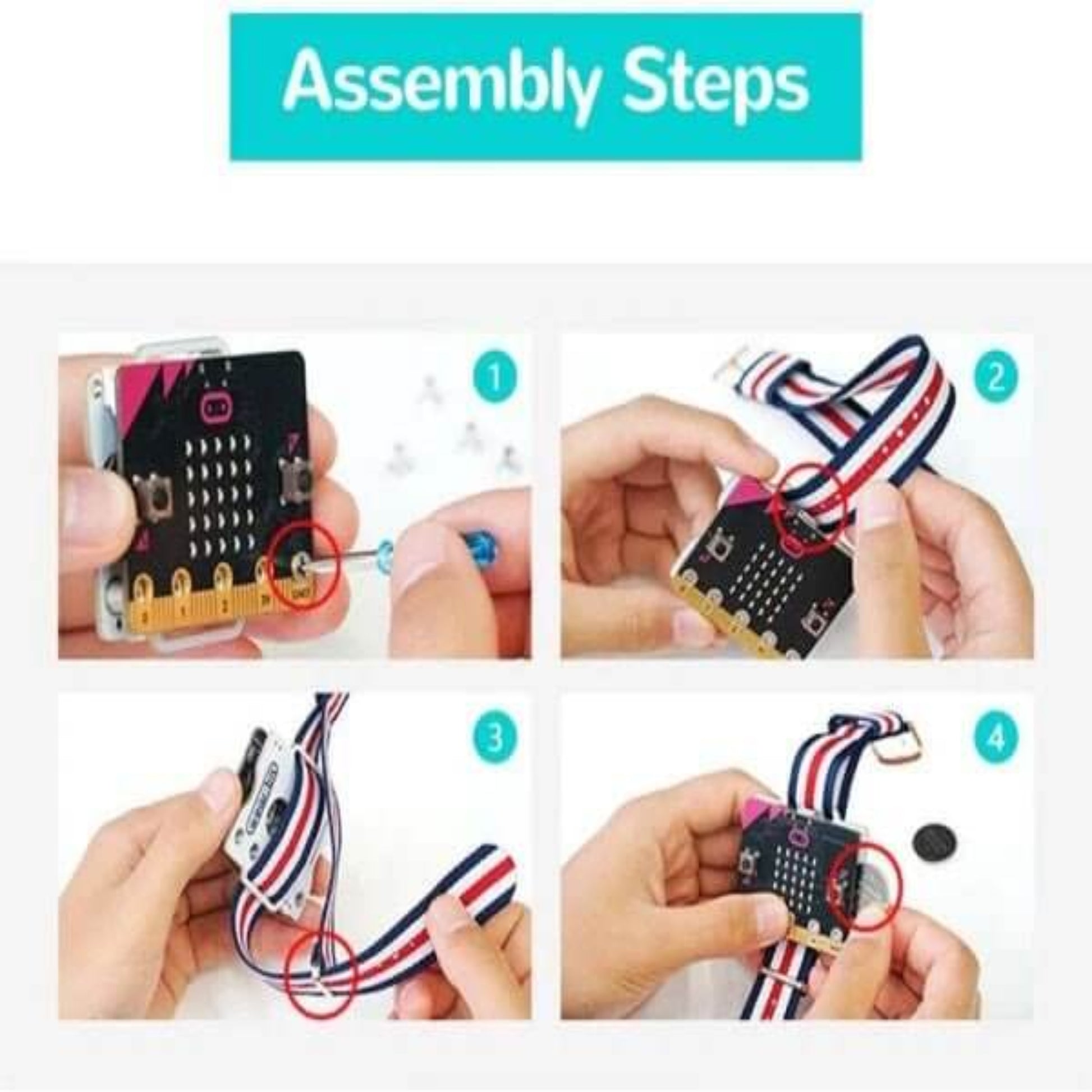 Assembly steps for Micro:bit Smart Coding Wearable Watch kit showcasing connection and installation process.