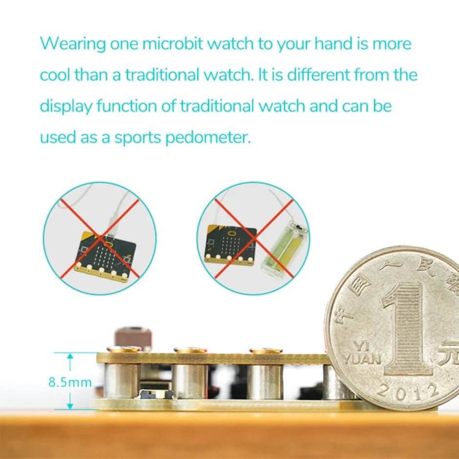 Micro:bit smartwatch components and comparison to traditional watches, highlighting pedometer function.