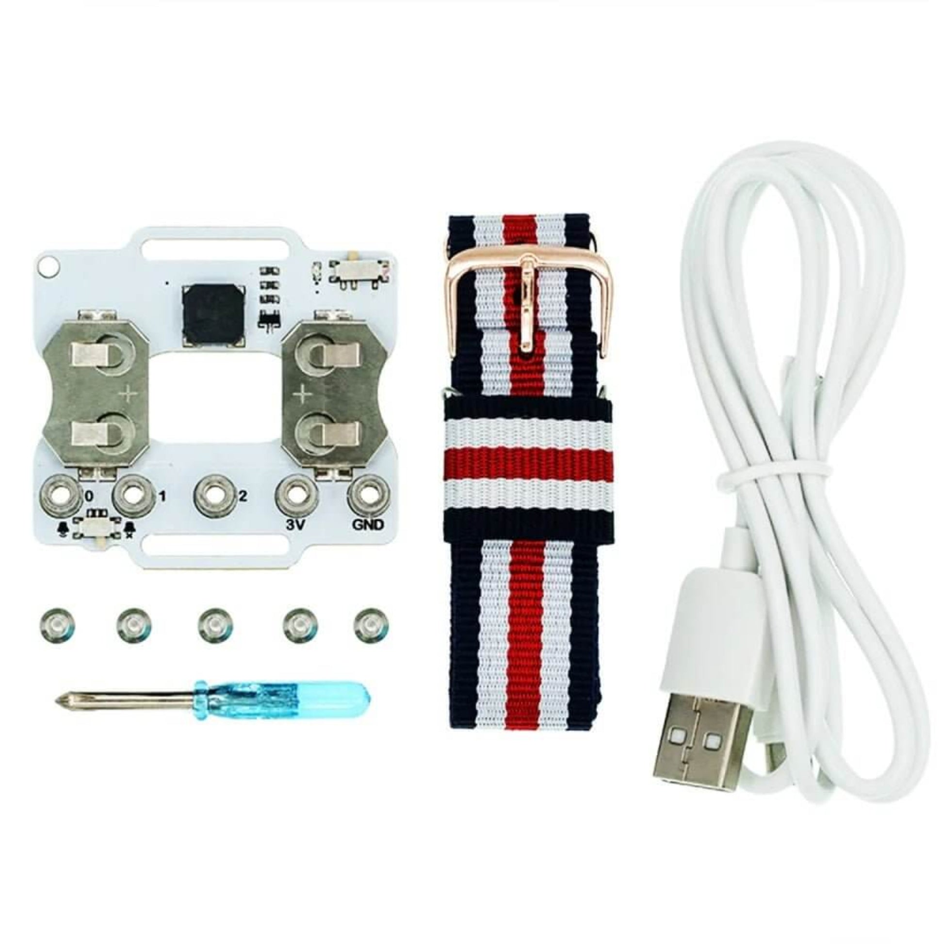 Micro:bit Smart Coding Wearable Watch Kit components including circuit board, strap, screws, screwdriver, and USB cable.