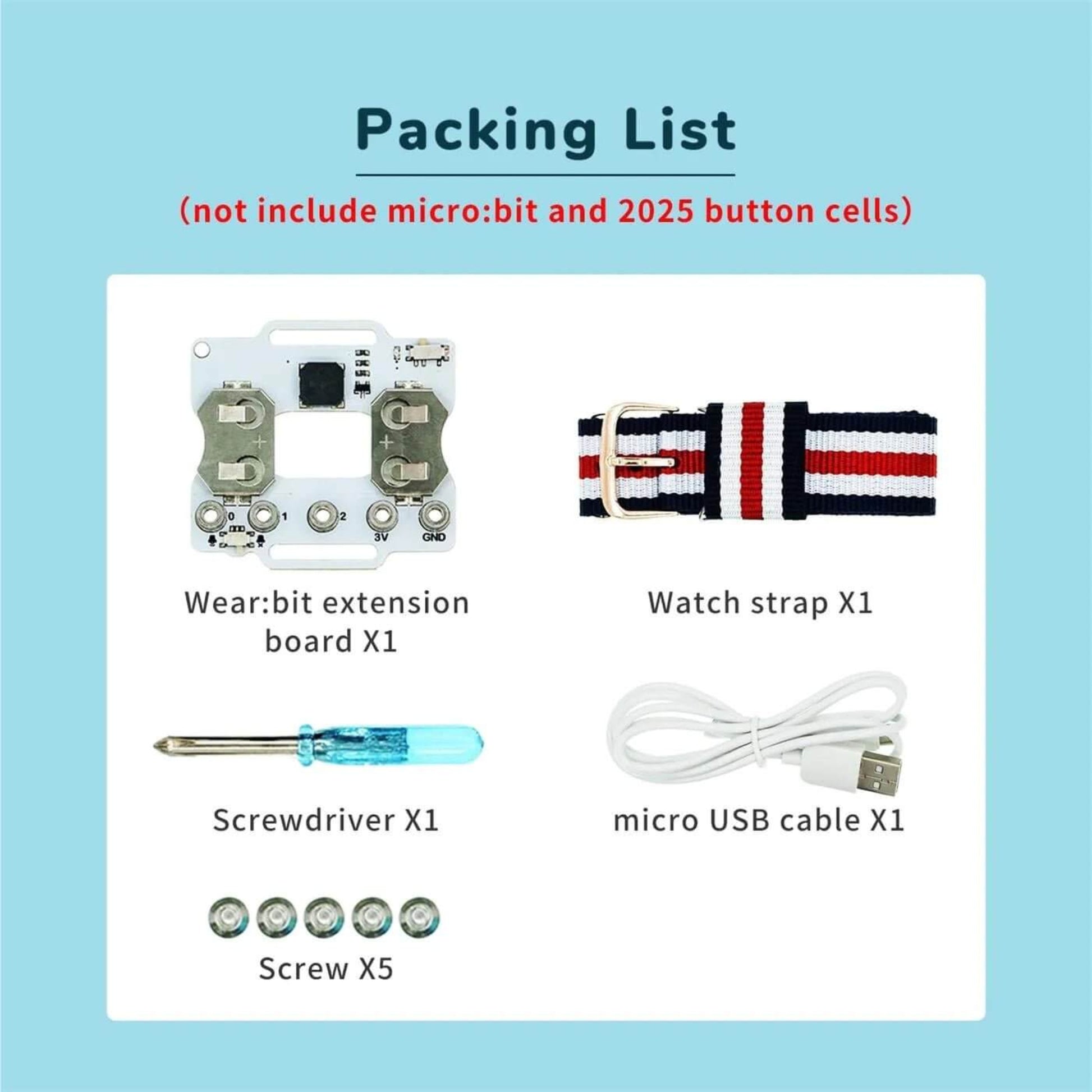 Packing list for Micro:bit Smart Coding Wearable Watch Kit, including wear:bit board, watch strap, screwdriver, USB cable, and screws.