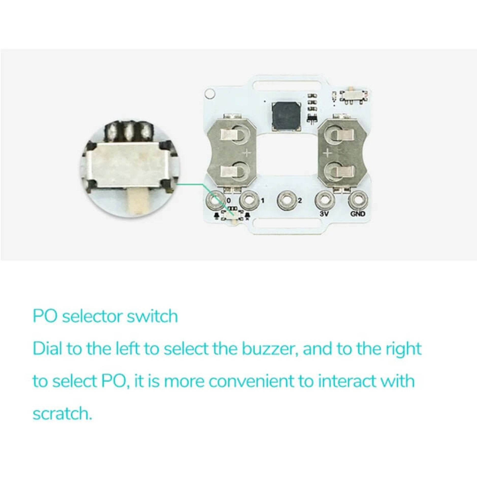 Close-up of the PO selector switch for Micro:bit kit, showing dial for selecting buzzer or PO for Scratch interaction.