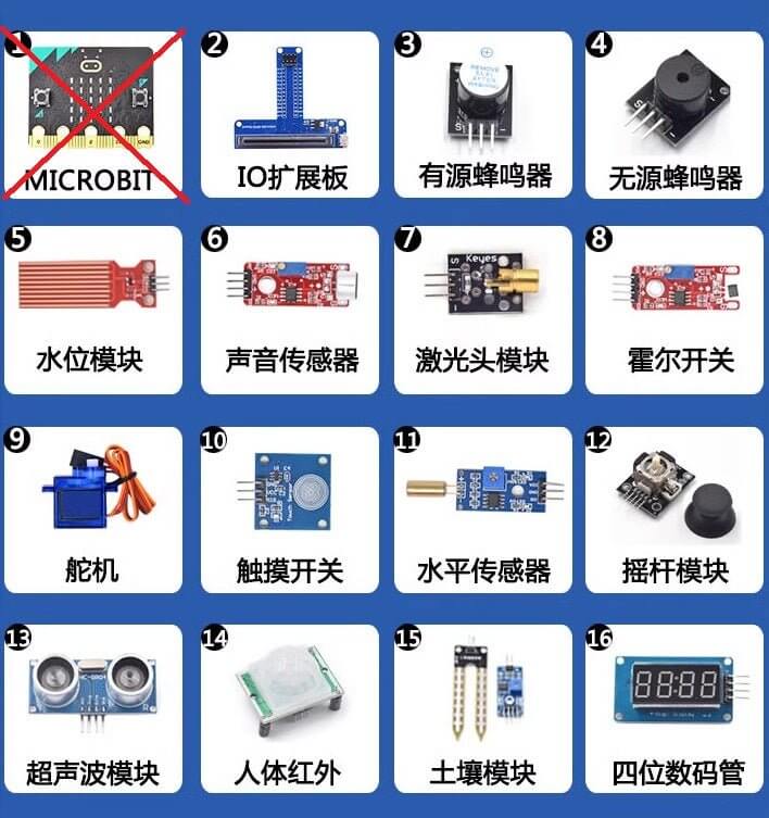 Various electronic components and sensors for Micro:bit learning kit, including LCD, relay, and more.