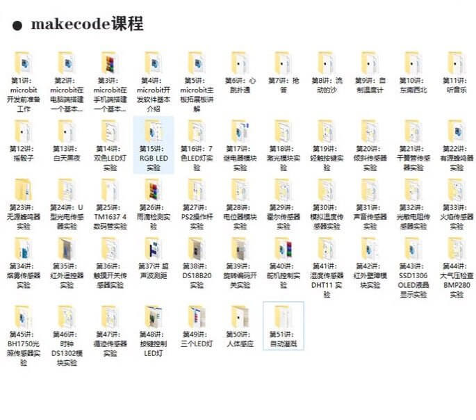 Image of MakeCode course folders for micro:bit projects and tutorials, including topics on sensors and displays.