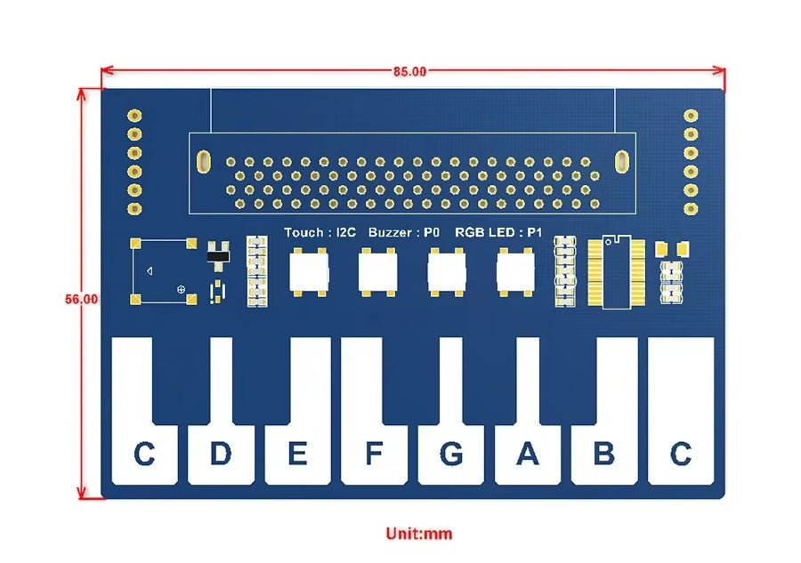 Mini Piano Module for Micro:bit, featuring I2C touch keys, RGB LEDs, and a buzzer, dimensions 85x66 mm.