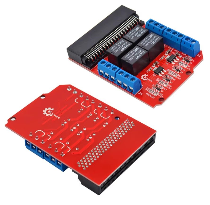 Micro:bit 4 Channel Relay Expansion Module with connectors and relay switches for DIY programming projects.