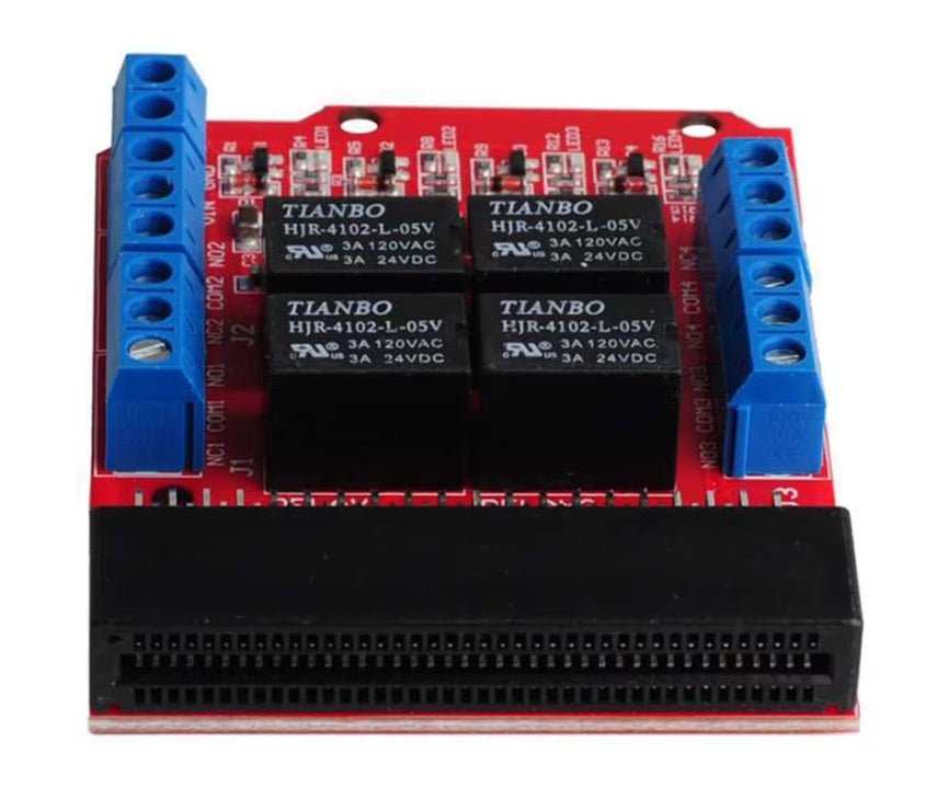 Micro:bit 4 Channel Relay Expansion Module with blue connectors and relay switches for DIY programming projects.
