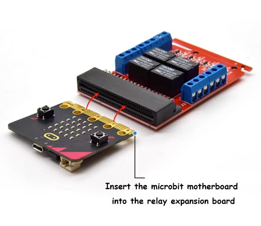 Micro:bit 4 Channel Relay Expansion Module with connection guide for educational programming and DIY projects.