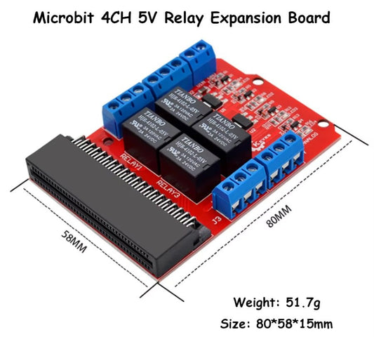 Micro:bit 4 Channel Relay Expansion Module 5V, ideal for DIY programming and educational projects, dimensions 80x58x15mm.