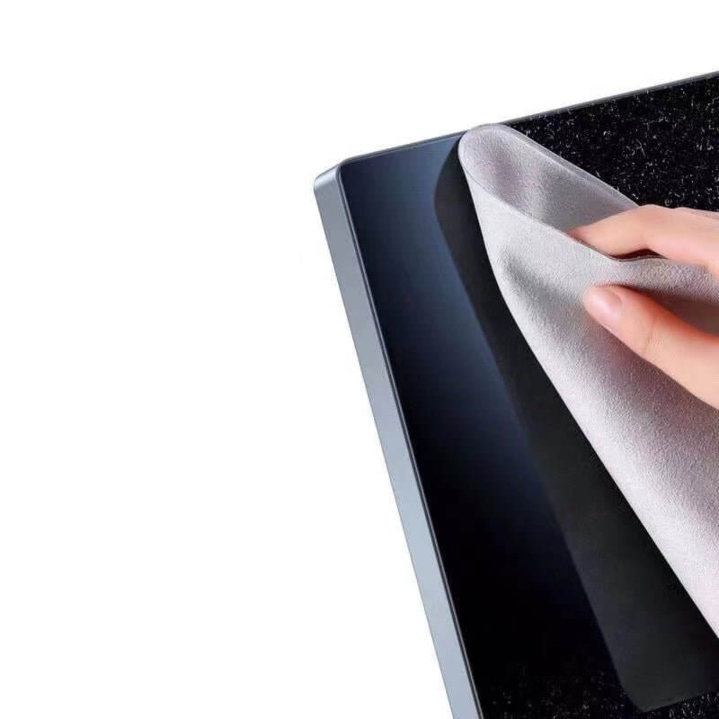 Hand using a microfiber polishing cloth to clean a glossy screen surface.