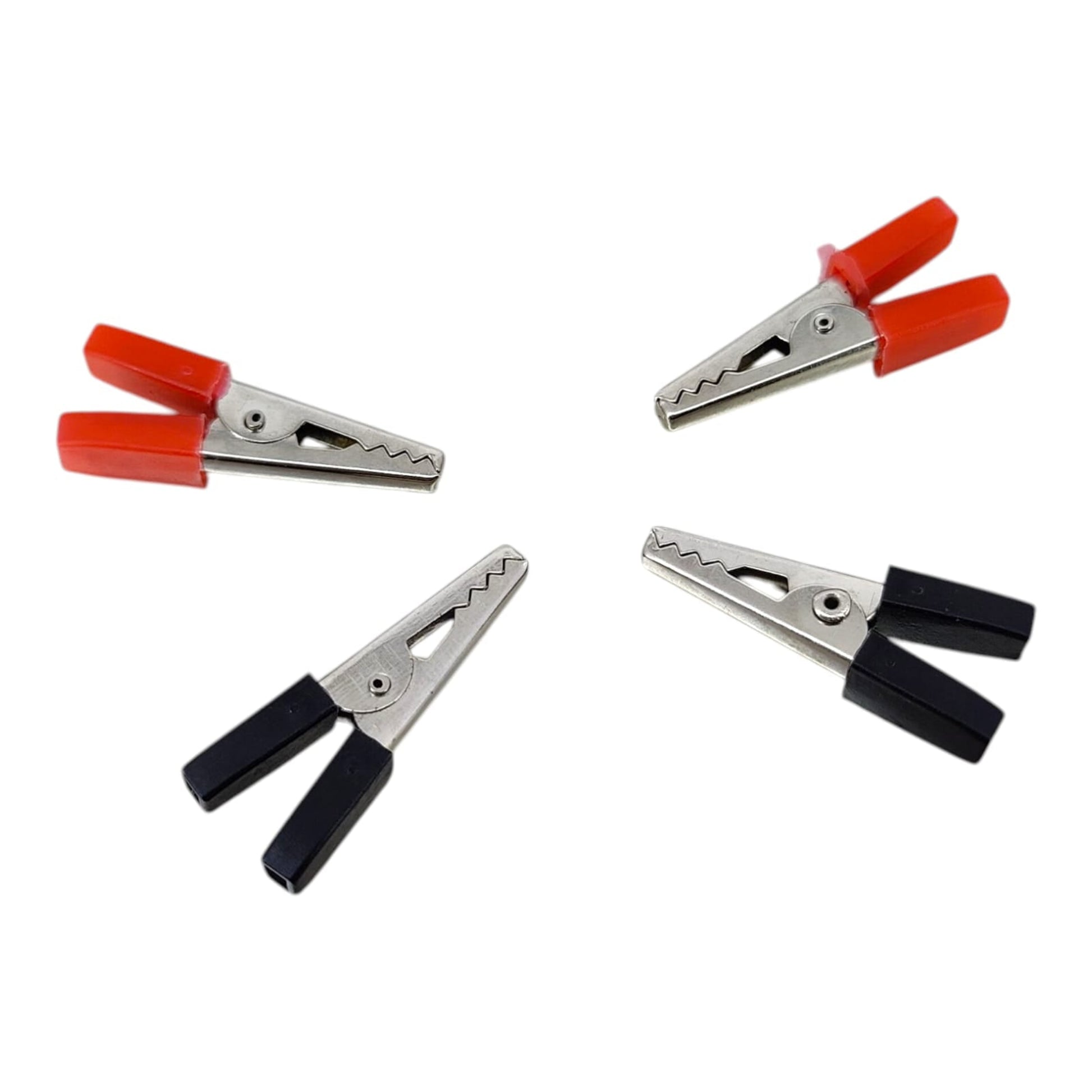 A collection of four 33mm mini alligator clips, two red and two black, arranged in a circle on a white background.