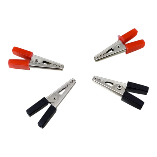 A collection of four 33mm mini alligator clips, two red and two black, arranged in a circle on a white background.