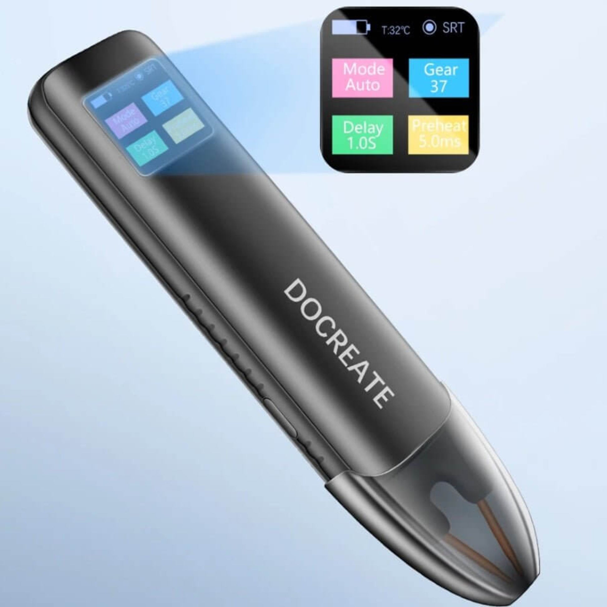 Portable handheld spot welder by DO CREATE, featuring an easy-to-read display for battery welding.