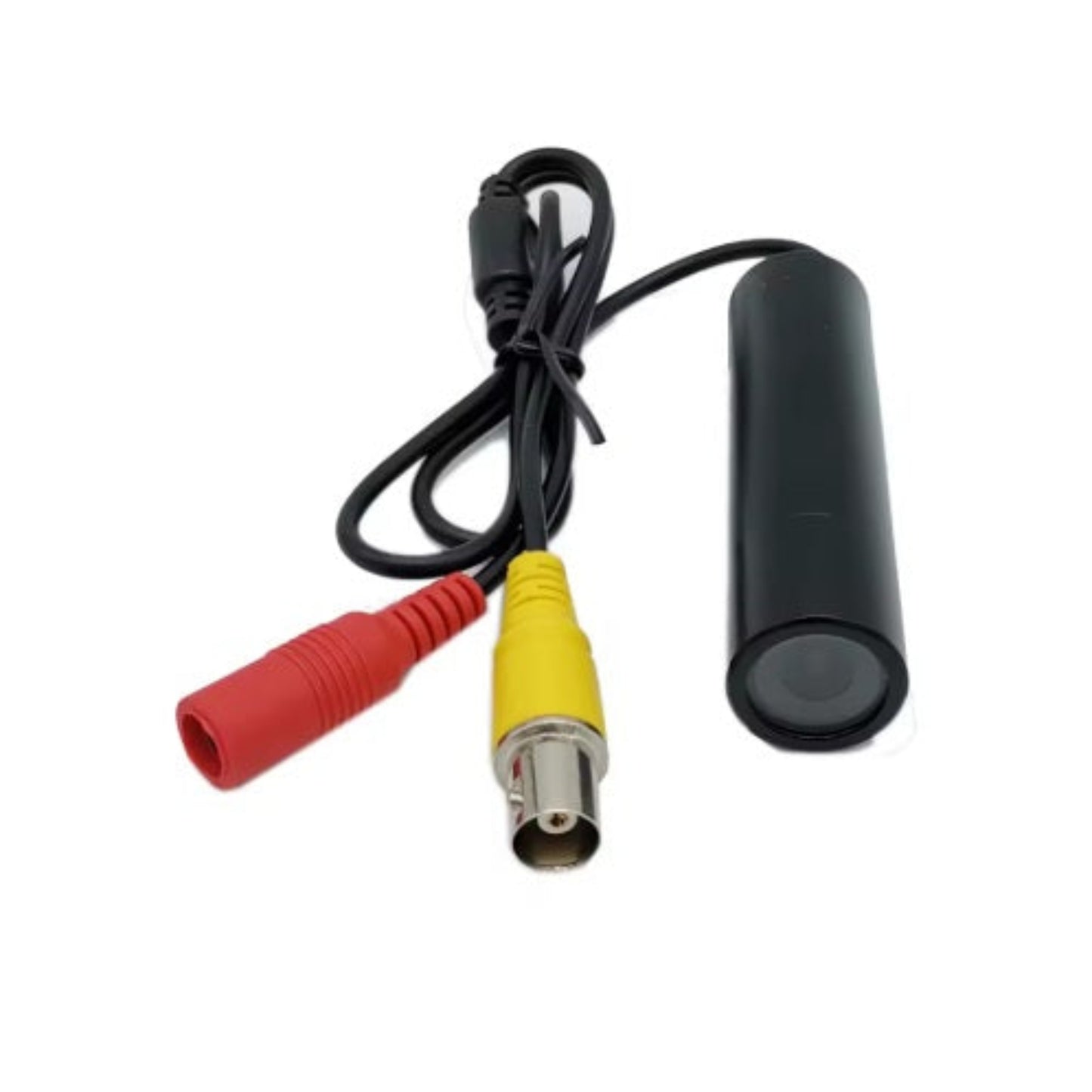 Mini bullet CCTV camera displaying the red DC12V power input and yellow BNC video output connectors.