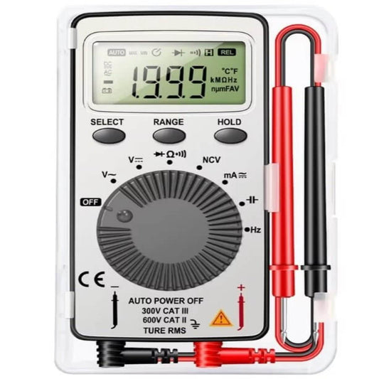 LED Digital Multimeter with LCD display, auto-ranging features, and test leads for voltage and current measurement.