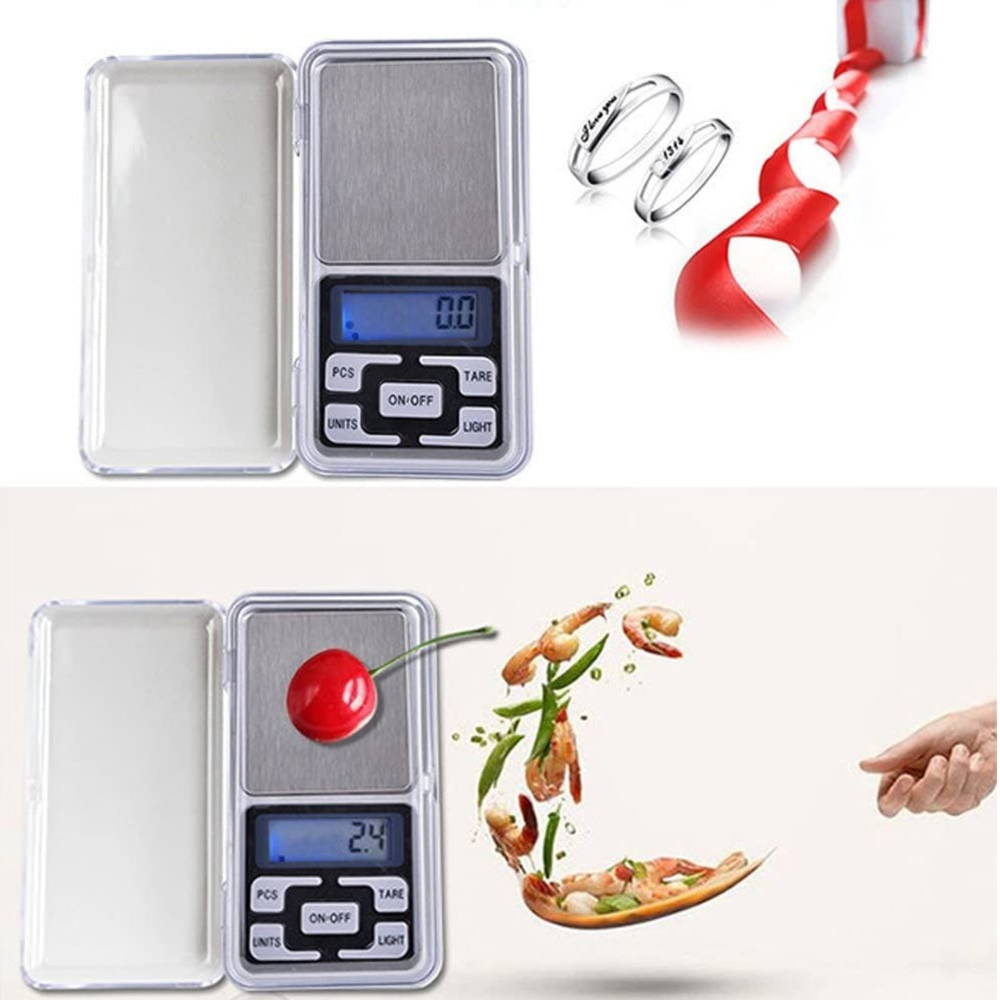 Two use-case examples of the pocket scale weighing silver rings and a single red cherry.