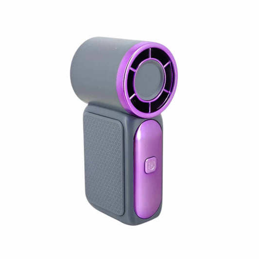 Pocket Powerhouse 100-Speed Mini Handheld Fan in gray and purple for on-the-go cooling.