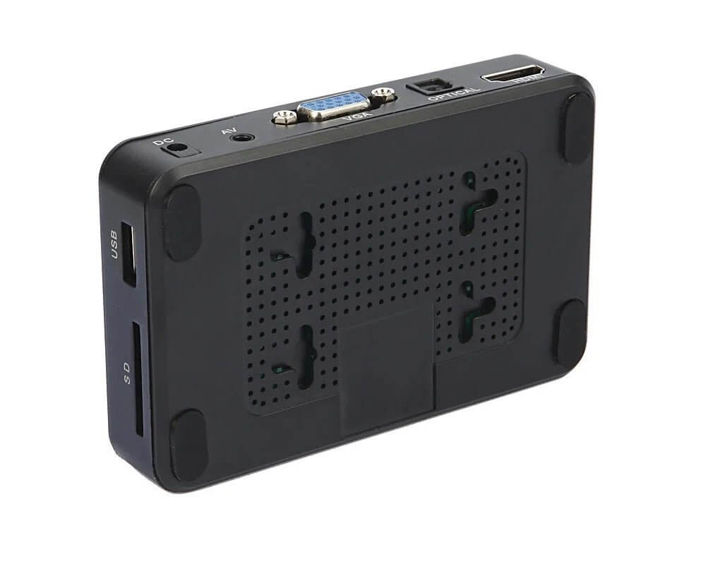 Compact Mini 1080p Full HD Digital Media Player with USB and SD card ports, ideal for streaming movies and photos.