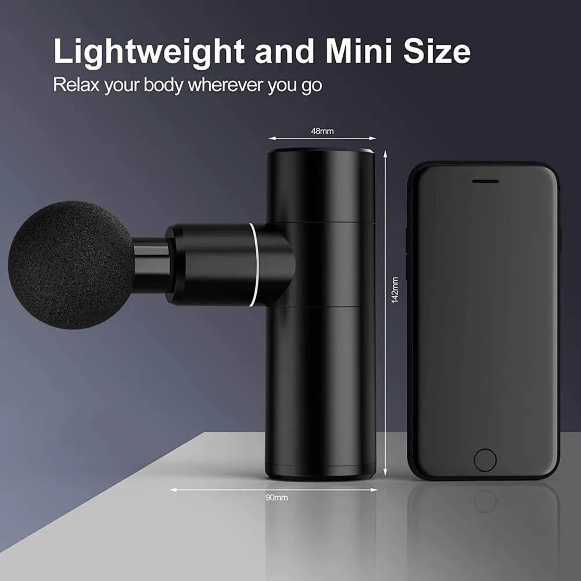 Mini portable percussion massage gun shown next to a smartphone, highlighting its lightweight design for relaxation on-the-go.