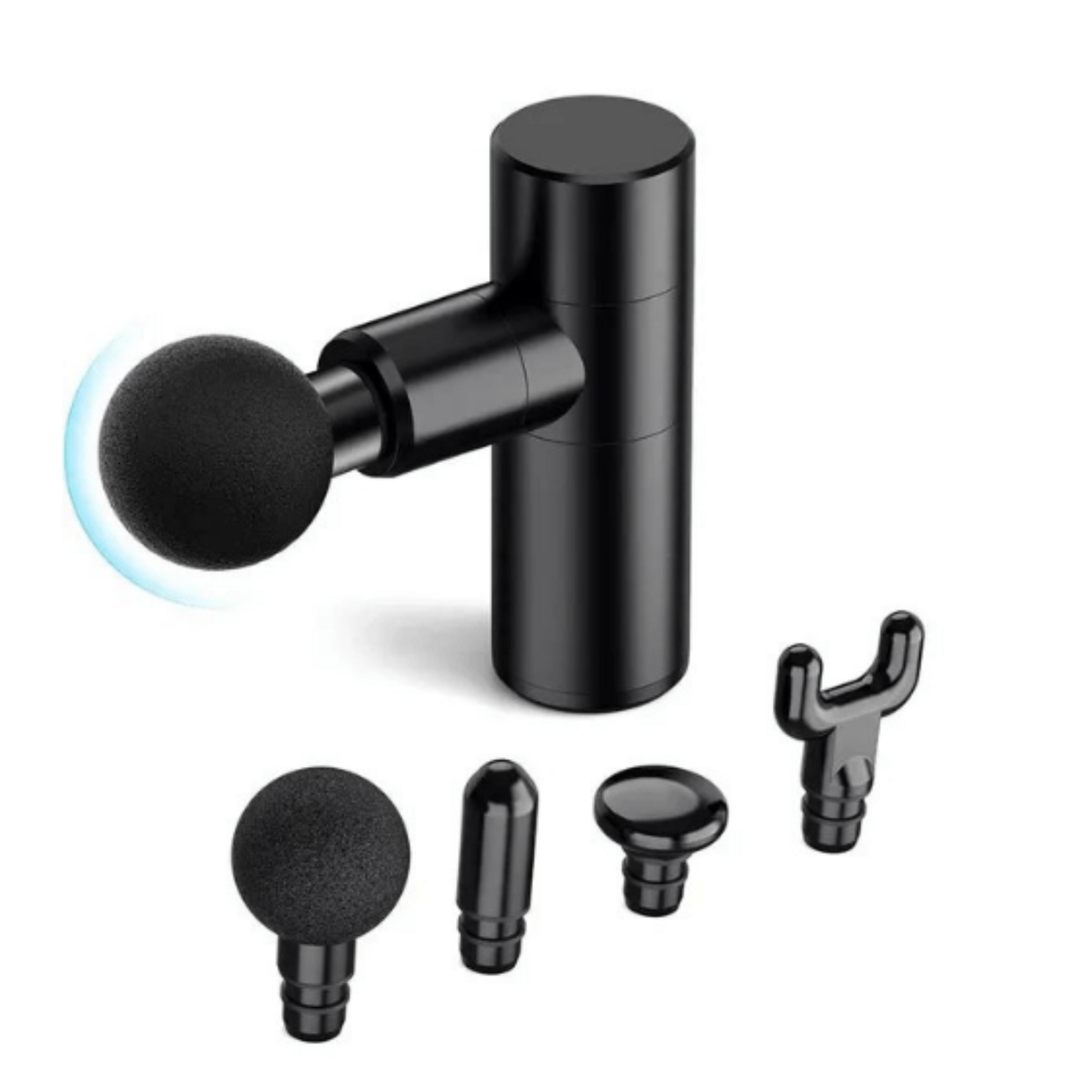Mini portable percussion massage gun with 4 interchangeable heads for muscle recovery and relaxation.