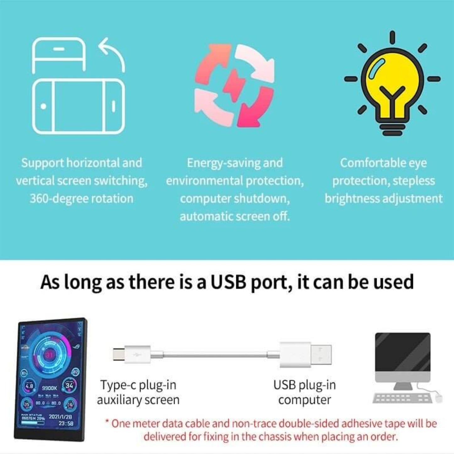 3.5" IPS Mini Monitor features 360-degree rotation, energy-saving mode, eye protection, and USB connectivity.