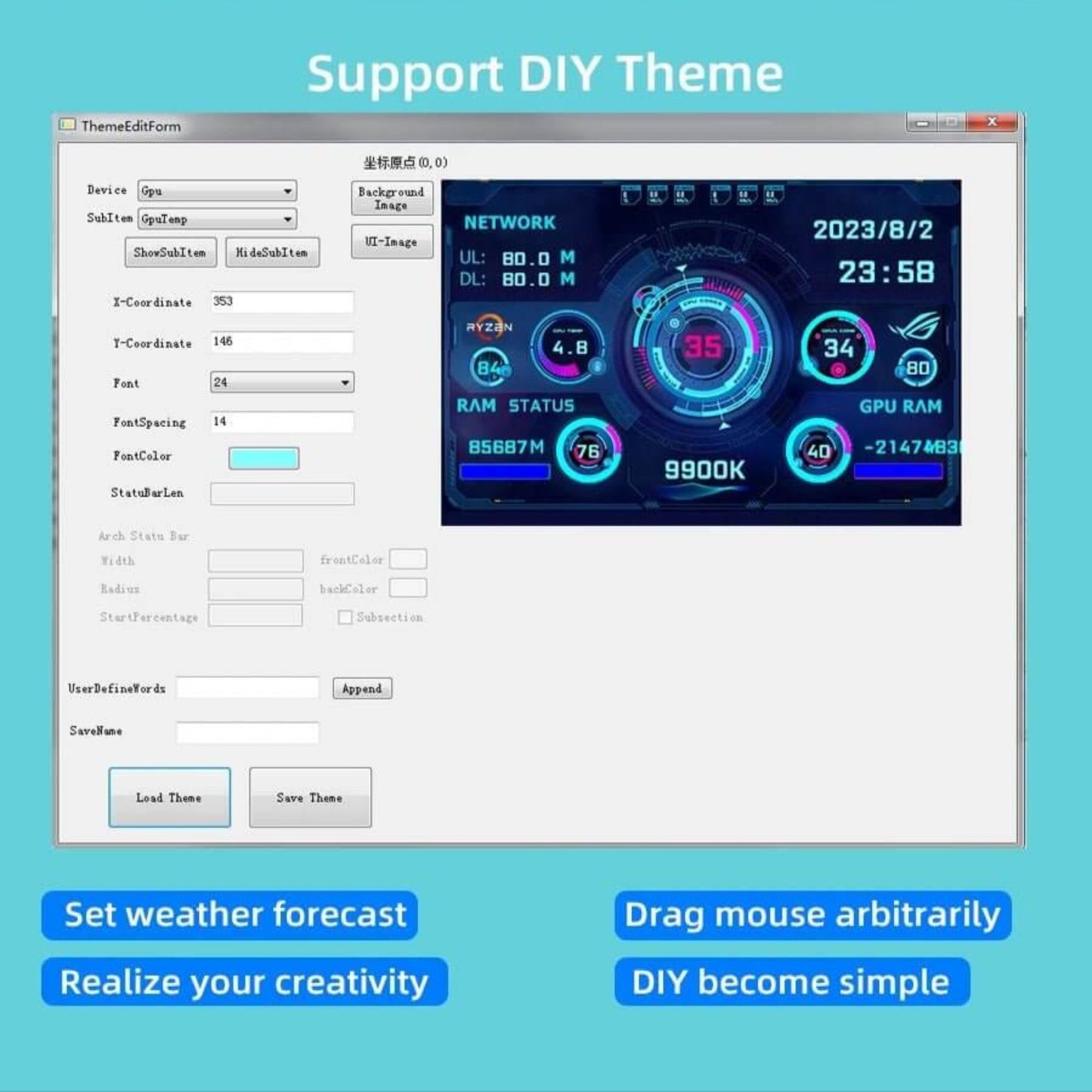 Professional software interface for 3.5" IPS Mini Monitor, showcasing features like easy operation, brightness adjustment, and DIY themes.