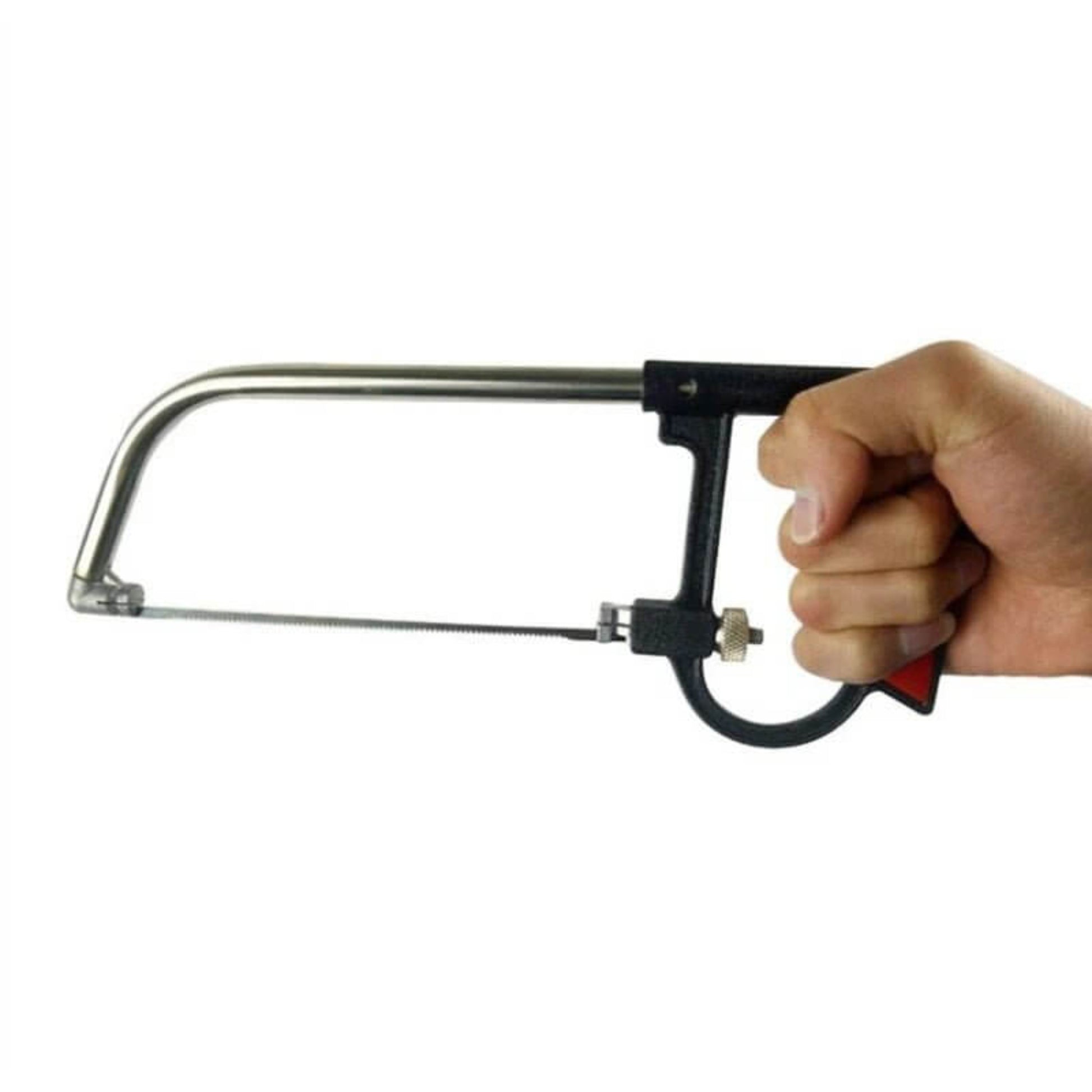 Hand holding the mini hacksaw with a thin blade installed, demonstrating ergonomic grip.