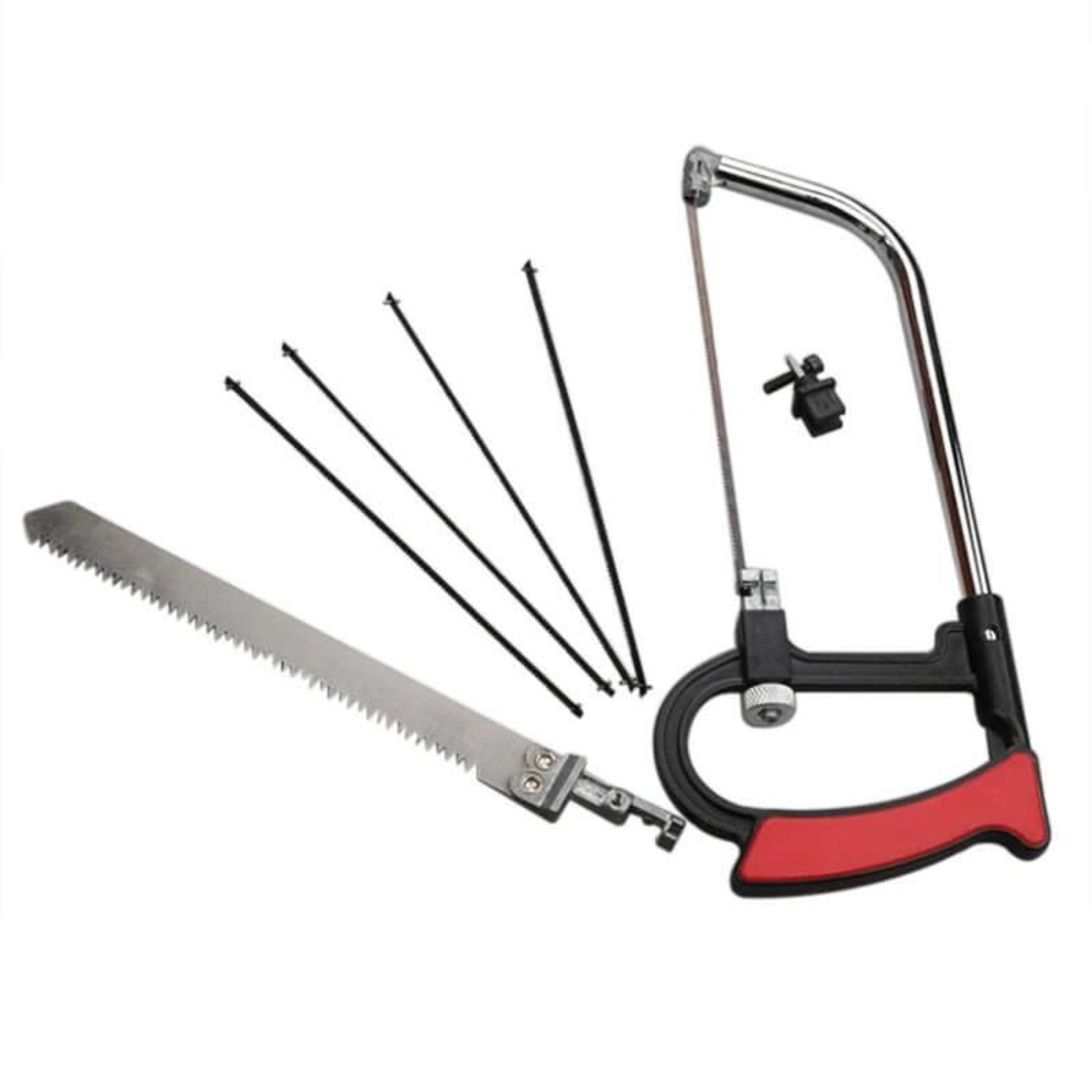 Angled view of mini multi-purpose saw kit components: frame, wood blade, and five small metal blades.