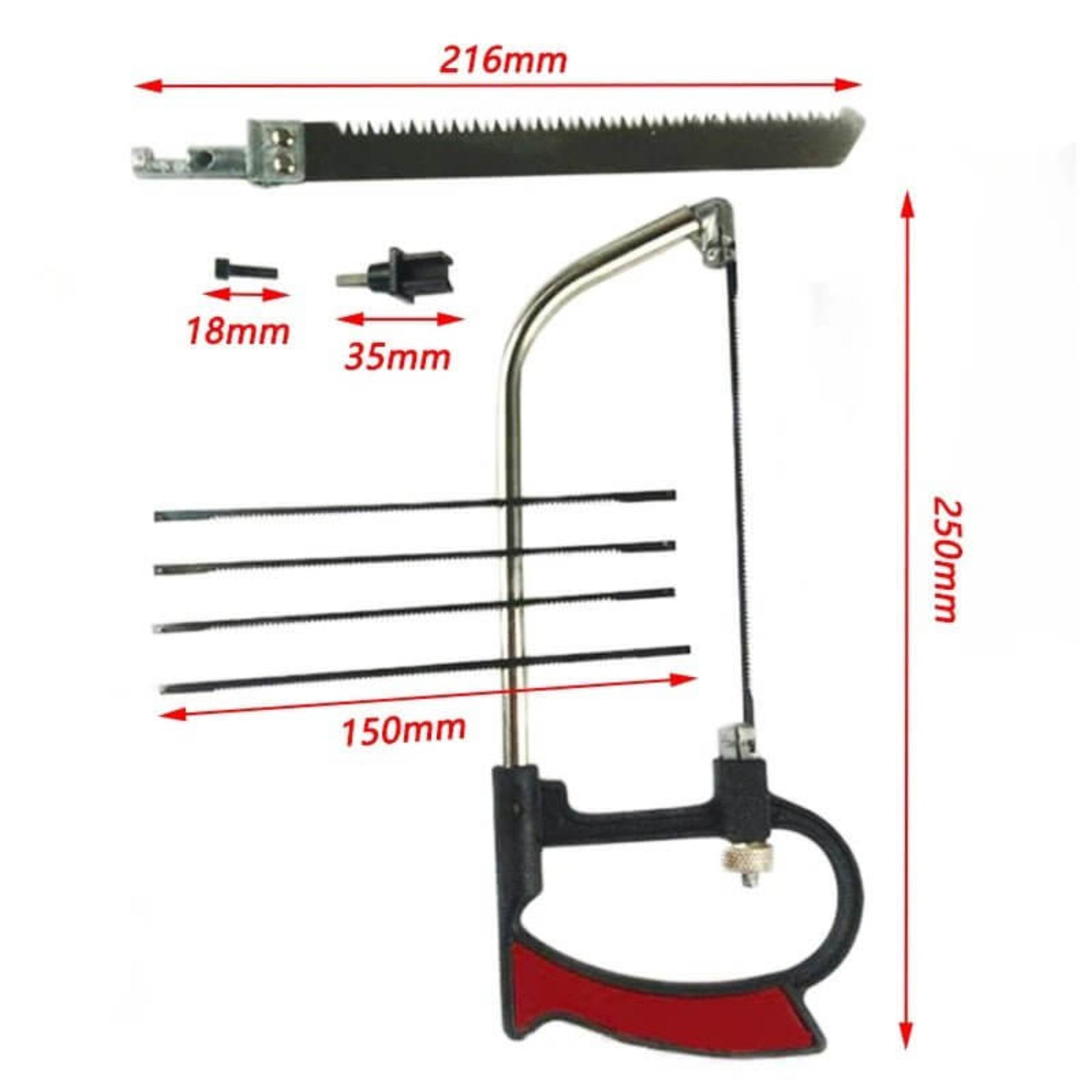 Dimensions of the multi-function mini saw kit, showing blade lengths (216mm, 150mm) and total height (250mm).