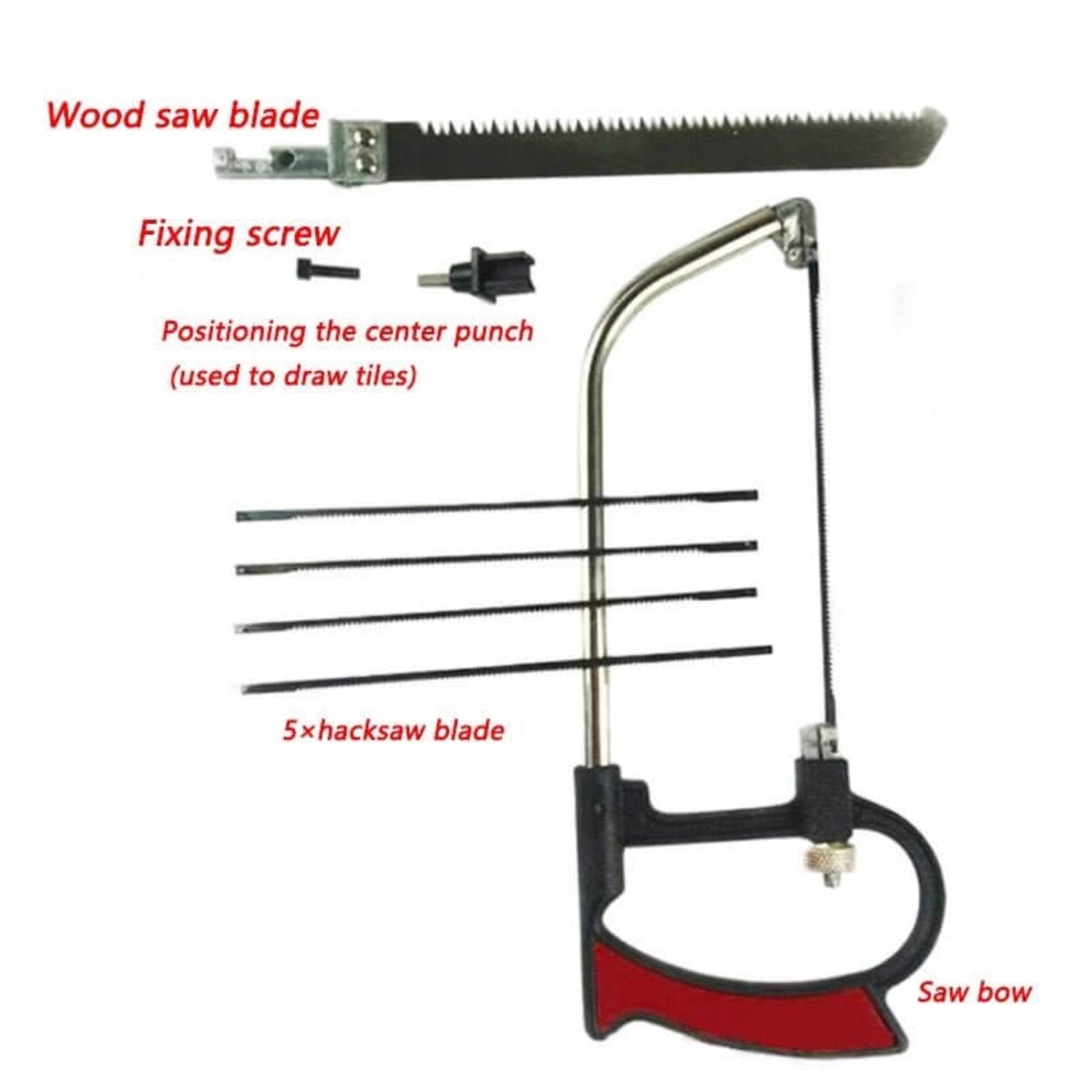 Mini saw kit parts labeled: wood saw blade, fixing screw, center punch, 5 hacksaw blades, saw bow.