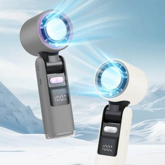 Mini handheld turbofans in gray and white with cooling technology, ideal for outdoor adventures and hot weather.