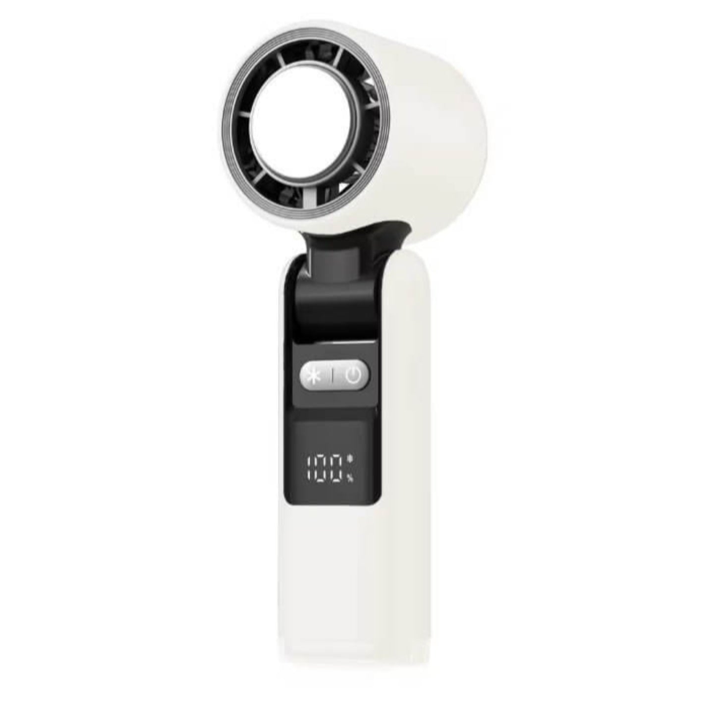 Mini handheld turbofan with ice cooling, 100 speeds, and digital display for personal comfort.