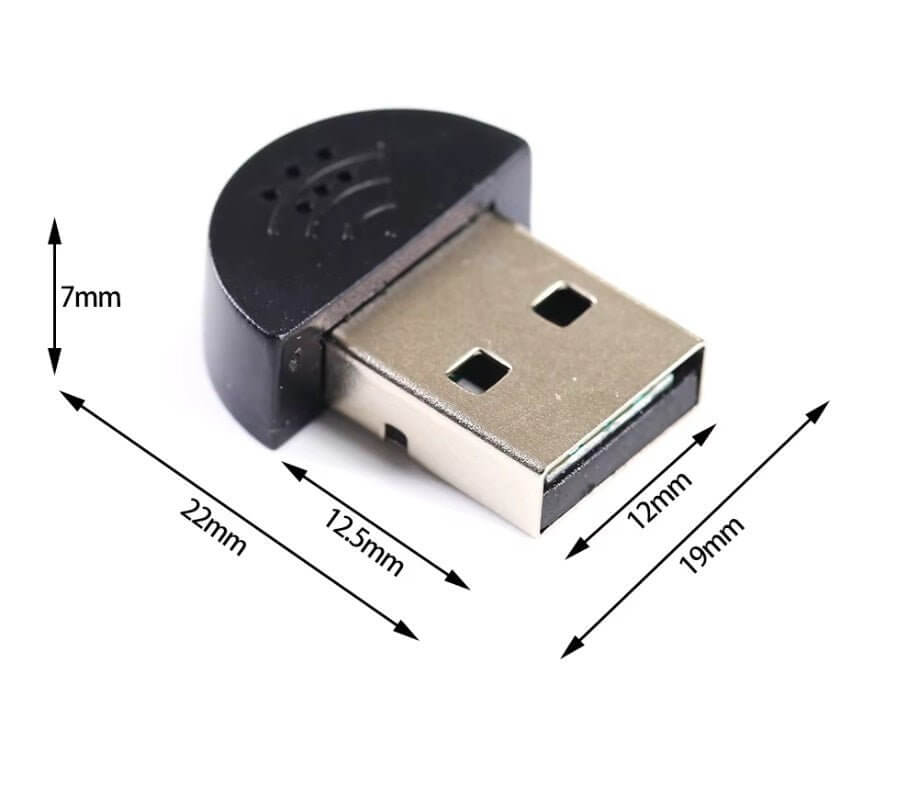 Mini USB microphone for PC and Raspberry Pi, compact plug-and-play design with dimensions.