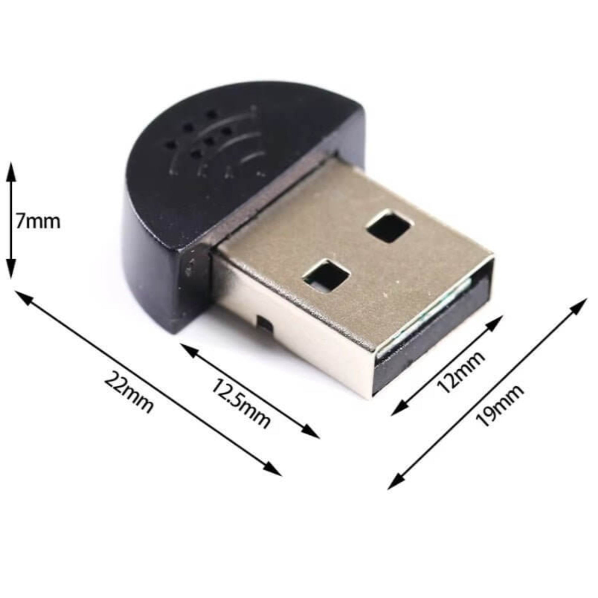 Mini USB microphone for PC and Raspberry Pi, compact plug-and-play design with dimensions.