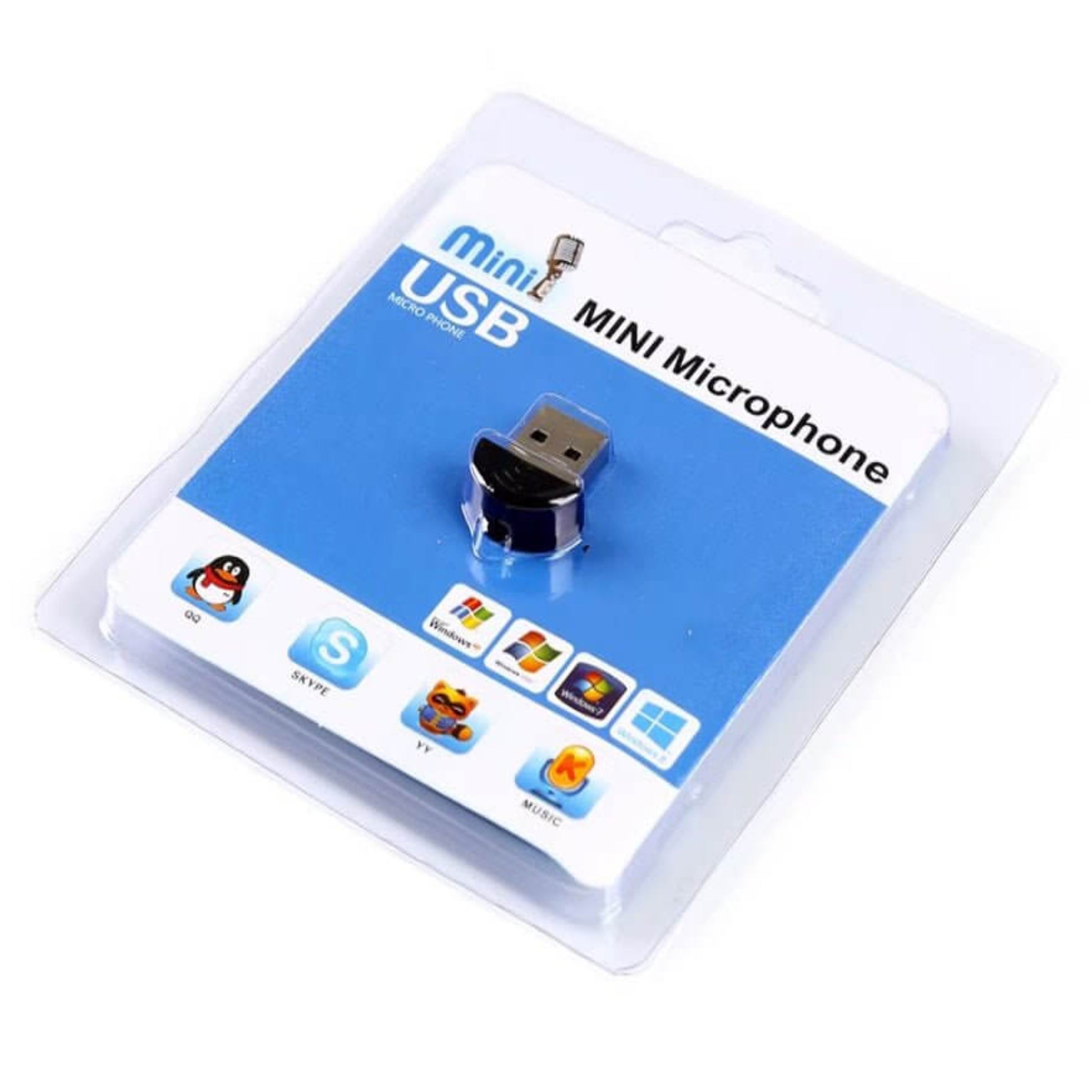 Mini USB Microphone in packaging, ideal for PC and Raspberry Pi, showcasing a plug-and-play design for clear audio capture.