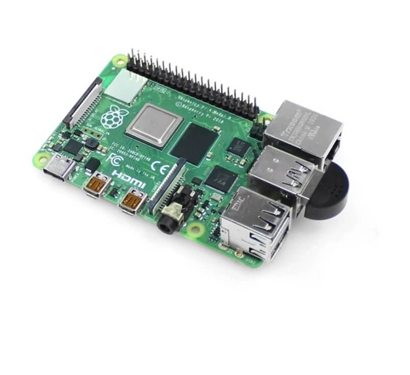 Raspberry Pi 4 Model B board with USB ports, HDMI, and GPIO pins for various projects.