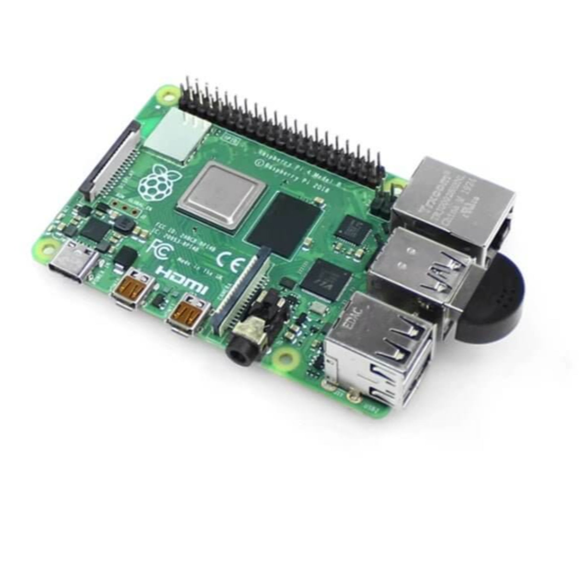 Raspberry Pi 4 Model B board with USB ports, HDMI, and GPIO pins for various projects.